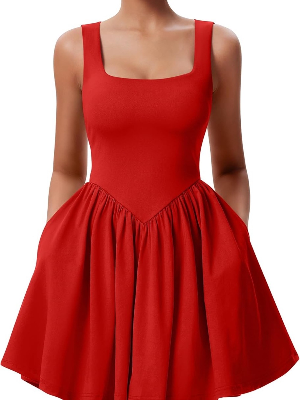 Classic Red Square-Neck Mini Dress with Gathered Skirt